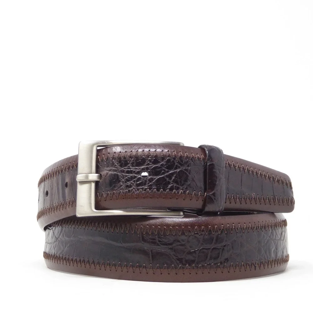 Ted Baker Mens Belt Brown Leather Mock Croc Zig Zag Stitch 34